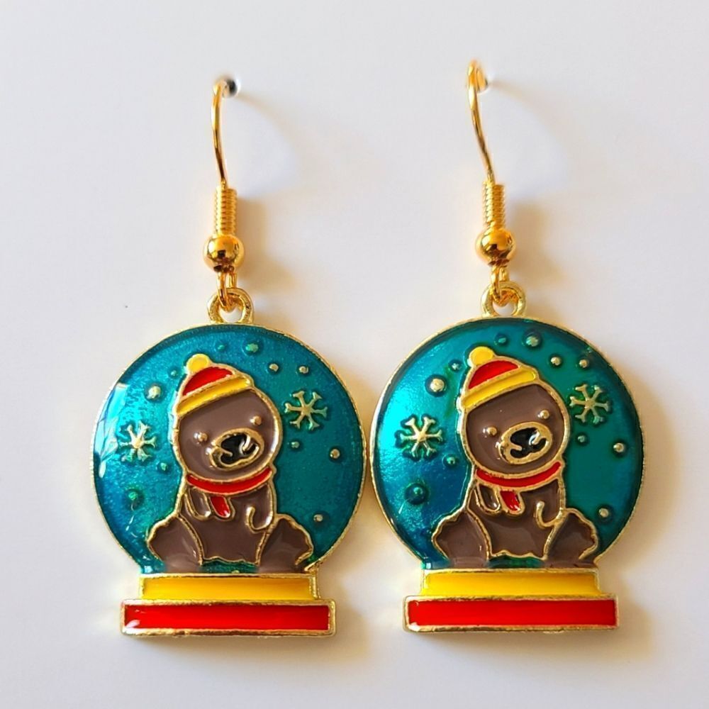 New Hand Crafted Winter Bear in Snow Globe Cute Dangle Earrings 18k Gold Plated